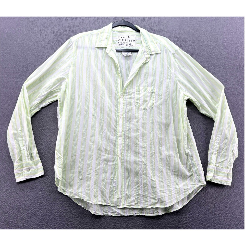 Frank & Eileen Shirt Women's Large Green White Striped Italian Cotton Button Up